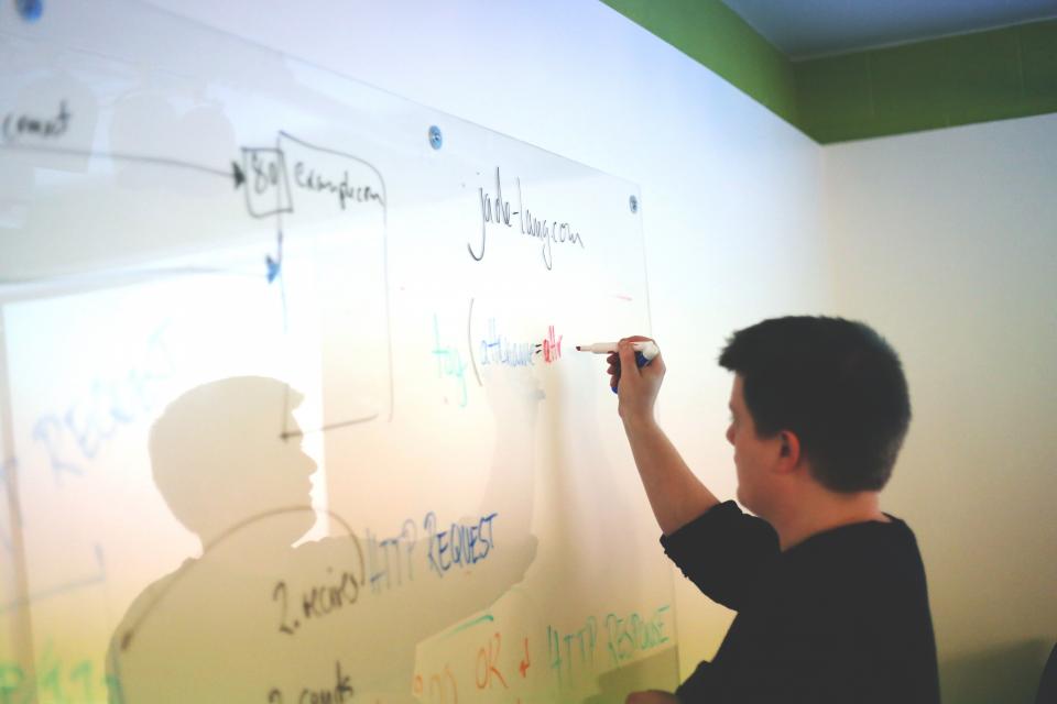 Educator explaining a budgeting diagram on a whiteboard